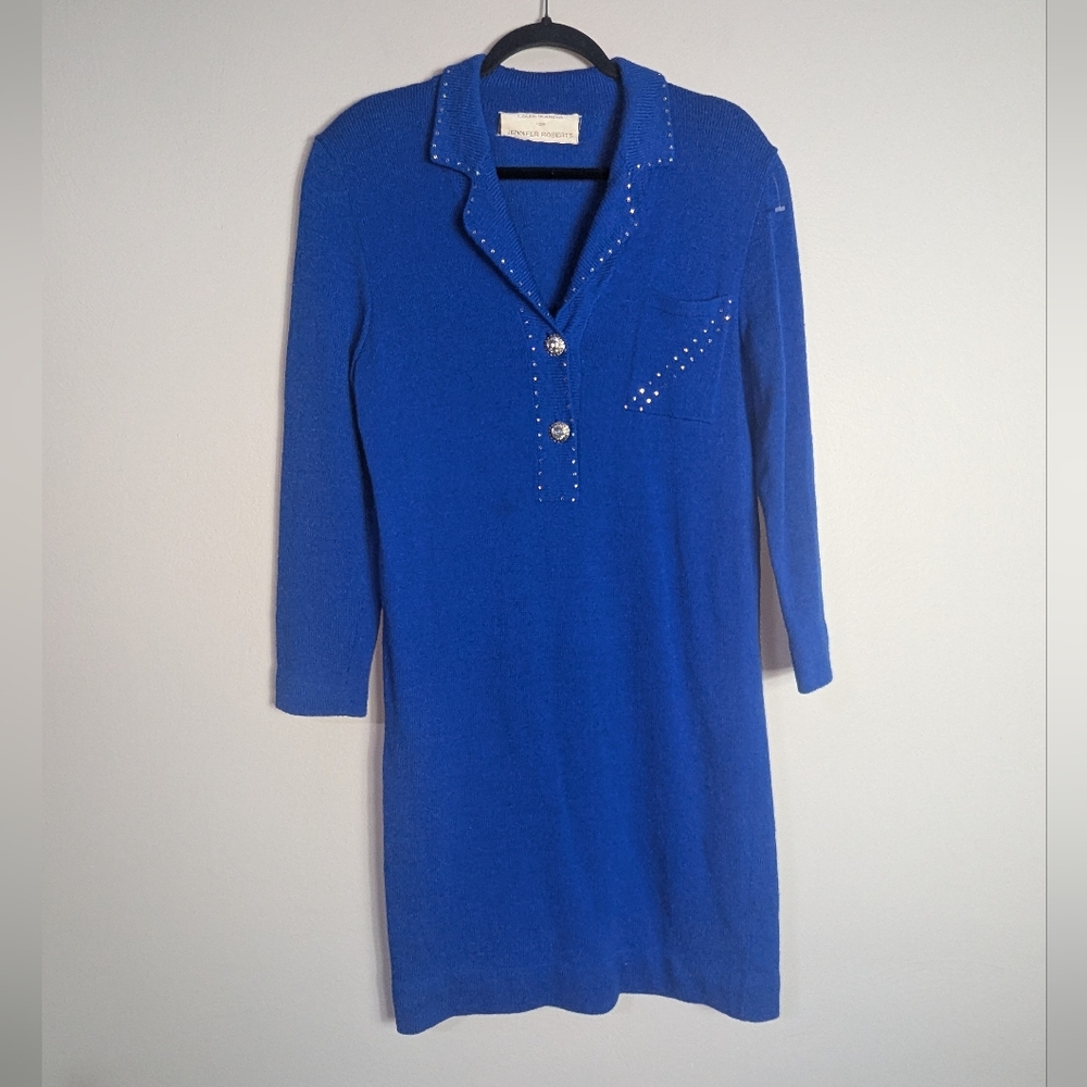 L Vintage Louis Marino for Jennifer Roberts Blue Knit Embellished Dress